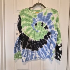 Ruby Rd. Pastel Tie-Dye Waffle Knit Sweater in Green, Blue & Black